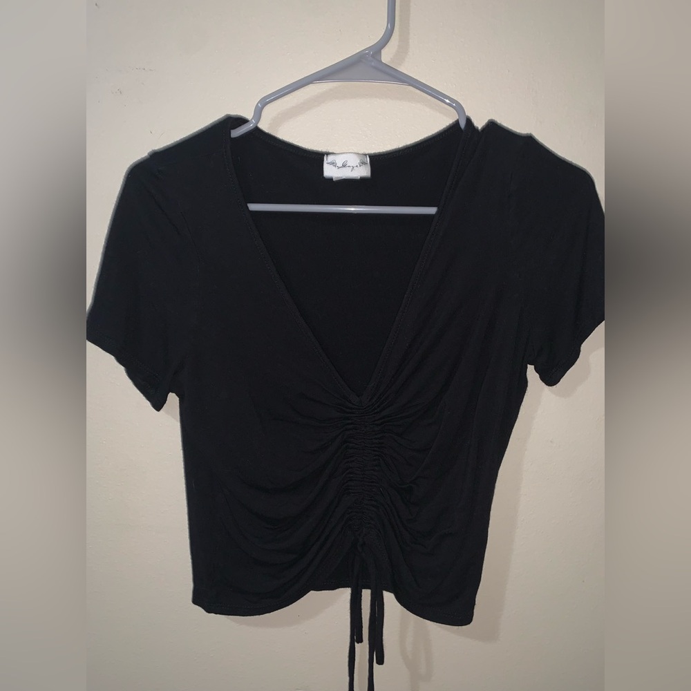 Black Ruched V-Neck Top | Size M